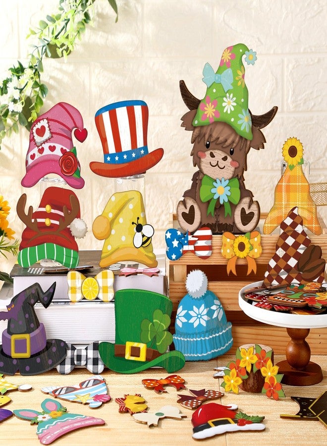 Anglechic 42 Pcs Farmhouse Rustic Wooden Tiered Tray Decor Set with Interchangeable Hats Bows Replaceable Holiday Seasonal Wood Sign with Magnet Pieces for Home Party Table Decorations (Highland Cow) - Image 4