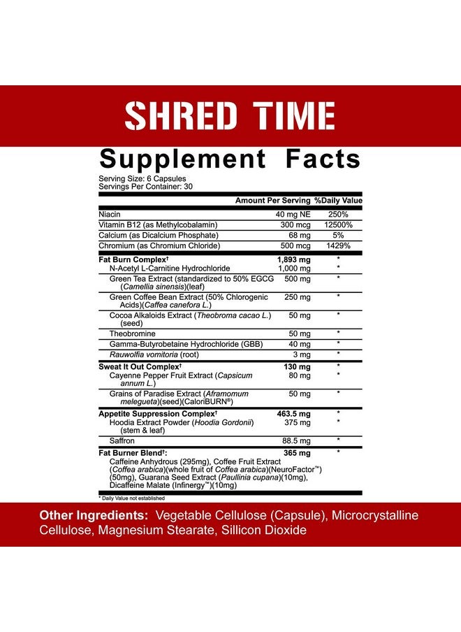 5% Nutrition - Shred Time Fat Burner ; Green Tea Coffee Bean Cayenne Theobromine Gbb ; Appetite Suppression ; 30 Servings (180 Capsules) - Image 1