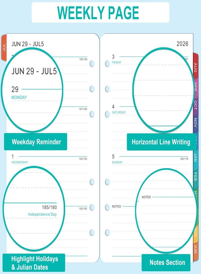 مايبوك عبوات إعادة تعبئة لمخطط 2026-2027 - 4 بوصات × 7 بوصات، حشوات تخطيط أسبوعية وشهرية A6، يوليو 2026 - يونيو 2027، عبوات إعادة تعبئة لمخطط 2026-2027، 6 ثقوب، علامات تبويب شهرية ملونة - Image 4