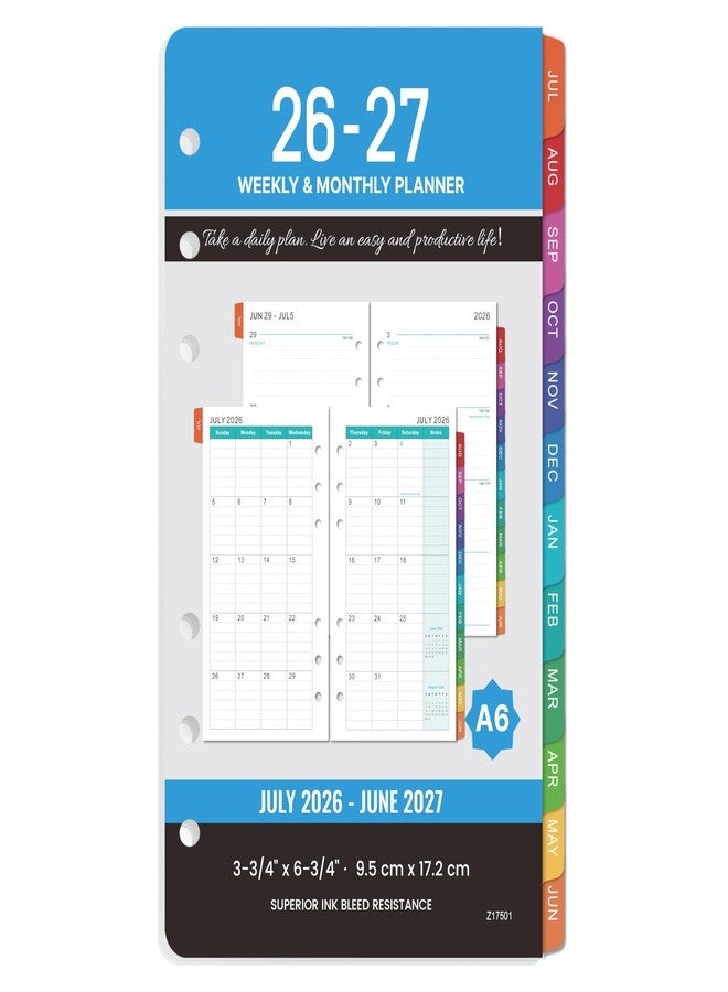 مايبوك عبوات إعادة تعبئة لمخطط 2026-2027 - 4 بوصات × 7 بوصات، حشوات تخطيط أسبوعية وشهرية A6، يوليو 2026 - يونيو 2027، عبوات إعادة تعبئة لمخطط 2026-2027، 6 ثقوب، علامات تبويب شهرية ملونة - Image 1