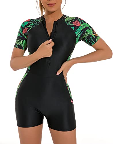 YATEEN Women Rash Guard Long Sleeve One Piece Swimsuit Surfing Bathing Suit UPF 50+ Athletic Swimwear Black/Green - Image 2