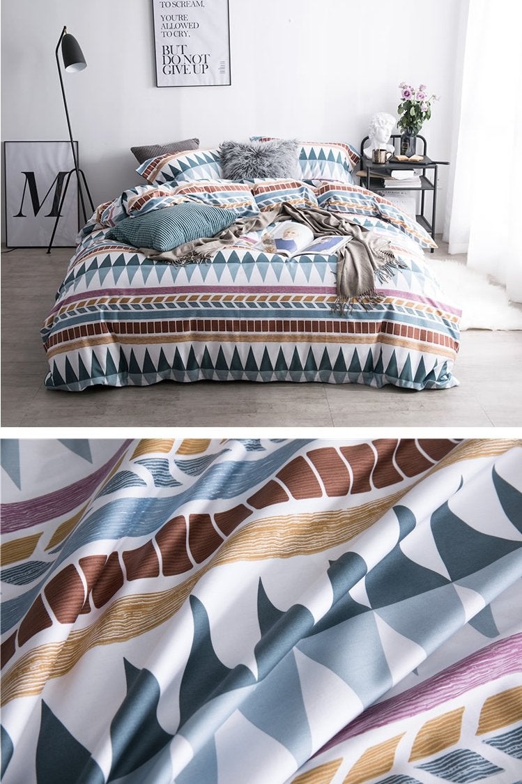 Eikei Bohemian Duvet Cover Striped Ethnic Boho Reversible Southwestern 400TC Cotton Bedding 3pc Set Navy White Orange Modern Geo Aztec Print (Queen, Teal Rust) - Image 2