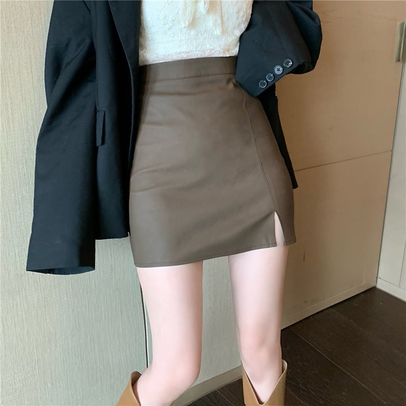 Black Pu Small Leather Skirt Women'S Skirt High Waist Hip Elegant Skirt Split Small A- Line Half Skirt - Image 3