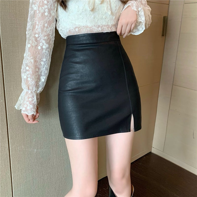 Black Pu Small Leather Skirt Women'S Skirt High Waist Hip Elegant Skirt Split Small A- Line Half Skirt - Image 2