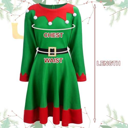 Suhine 12 Pcs Women Christmas Elf Costume Santa's Helpers Dress Outfit Elf Hat Bells Ears Shoes Xmas Fancy for Party(Large) - Image 4