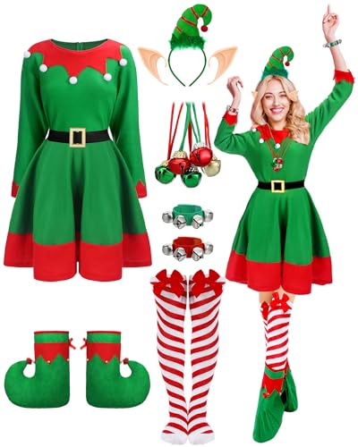 Suhine 12 Pcs Women Christmas Elf Costume Santa's Helpers Dress Outfit Elf Hat Bells Ears Shoes Xmas Fancy for Party(Large) - Image 1
