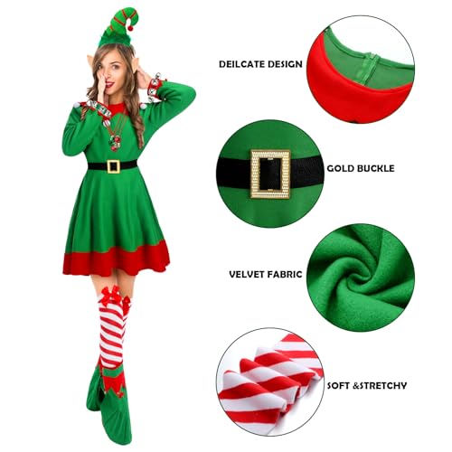 Suhine 12 Pcs Women Christmas Elf Costume Santa's Helpers Dress Outfit Elf Hat Bells Ears Shoes Xmas Fancy for Party(Large) - Image 3