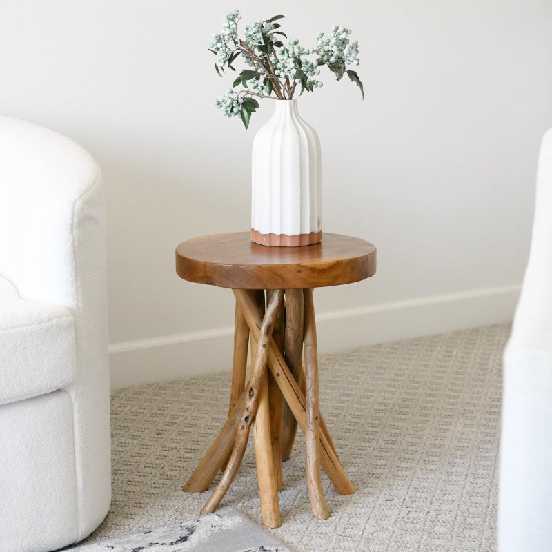 WELLAND Teak Wood Stick Leg End Table, 16" L x 16" W x 20" H Rustic Side Table, Small Accent Table, Plant Stand for Living Room, Bedroom, Home Office - Image 1