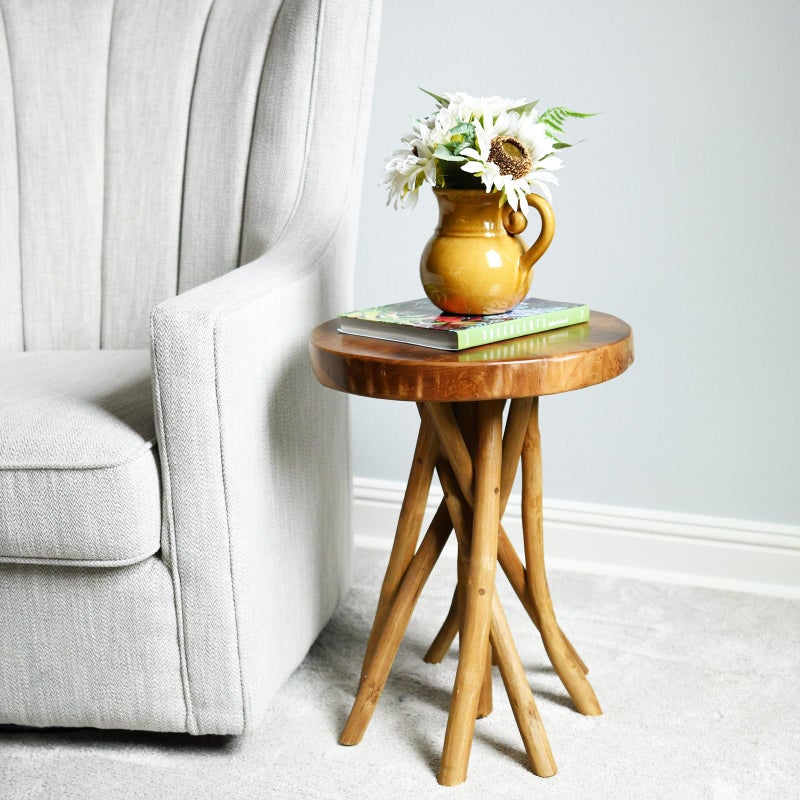 WELLAND Teak Wood Stick Leg End Table, 16" L x 16" W x 20" H Rustic Side Table, Small Accent Table, Plant Stand for Living Room, Bedroom, Home Office - Image 2
