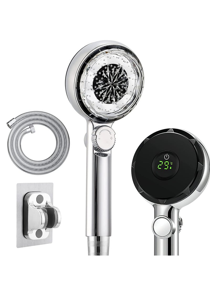 High Pressure Handheld Shower Head with LED intelligent temperature control, Universal supercharged shower, independent on-off switch, 1.5m Silver Shower Tube and Holder - Image 1