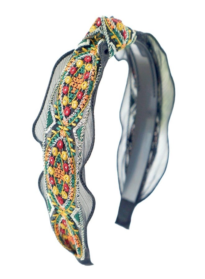AK Traditional Style Net Gauze Embroidered Hairband for Women Knot Hair Hoop Outdoor and Party Wide Headbands - Image 2