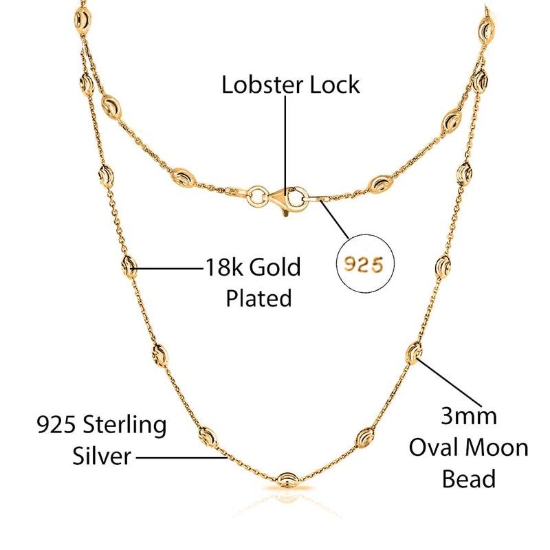 Savlano 18K Gold Plated Over 925 Sterling Silver Station Oval Moon Bead Necklace Chain For Women. Silver, Gold, Rose Gold - Made in Italy Comes With a Gift Box (Y, 20) - Image 2