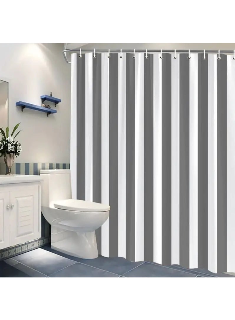 Waterproof Striped Shower Curtain - Quick Dry, Mold Resistant Bathroom Curtain with 12 Hooks, Easy Hang C-Rings (Gray) - Image 1