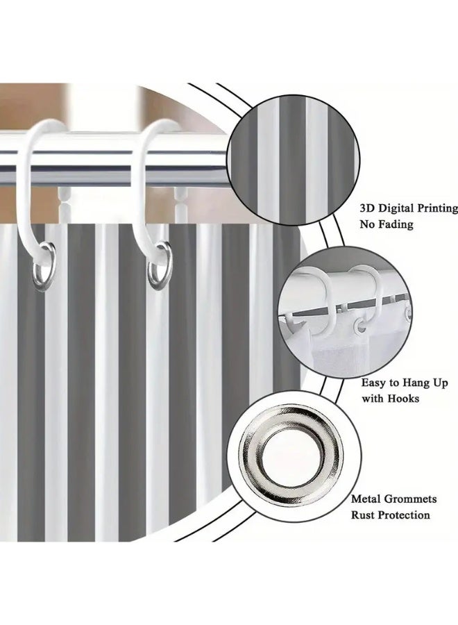 Waterproof Striped Shower Curtain - Quick Dry, Mold Resistant Bathroom Curtain with 12 Hooks, Easy Hang C-Rings (Gray) - Image 2