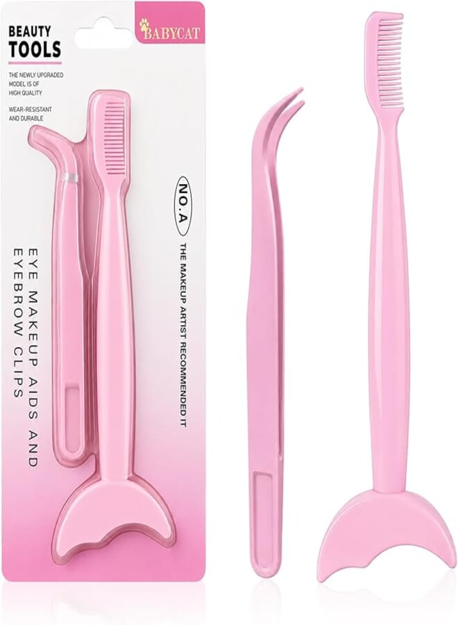 Baby Cat - Beauty Tools Set Of 2 Pcs, Eye Makeup Aids, Precision Curved Tweezer, 2 in 1 Eye Makeup Assistant Tool With Curved Eyeliner Guard And Eyebrow Comb For Smooth Styling and Daily Beauty Care