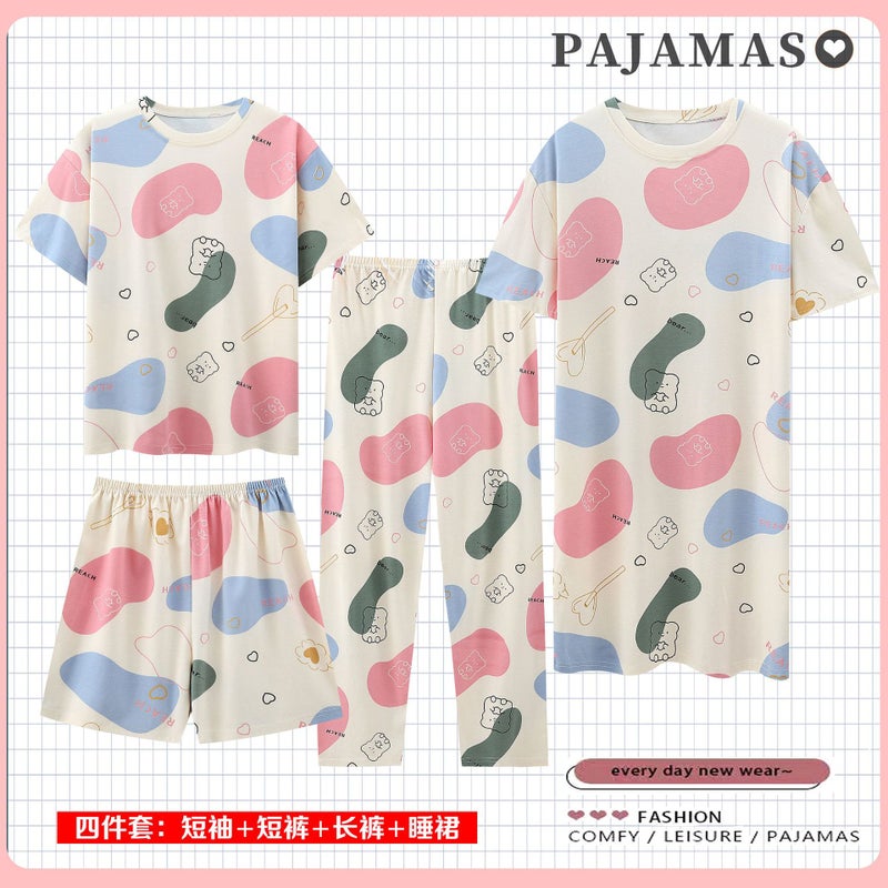 Ladies Cartoon Cute Pajama Set Short Sleeve Color bear 44603 value four-piece set 