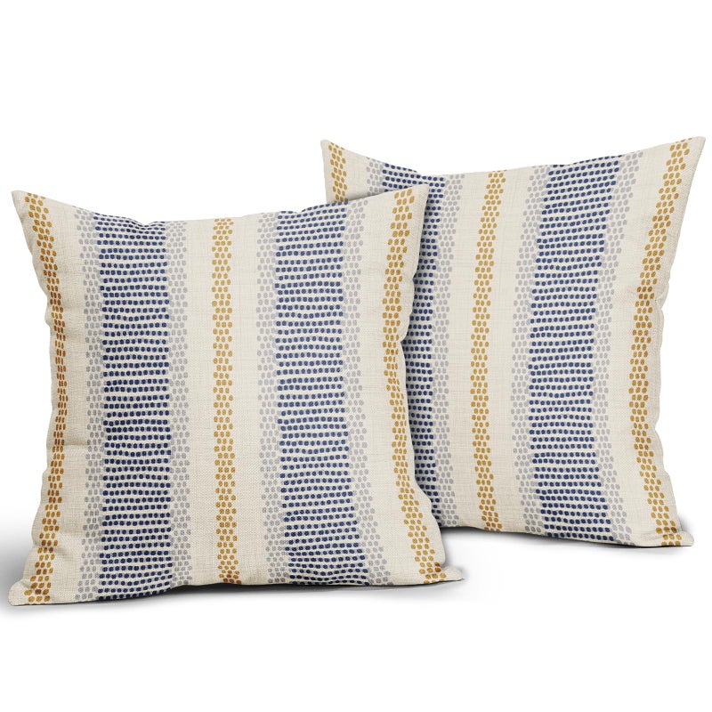 Aytipun Blue Yellow Pillow Covers 18x18 Set of 2 Gray Grey Dot Print Striped Decorative Throw Pillows Outdoor Boho Rustic Pillowcase Farmhouse Linen Cushion Case Decor for Home Sofa Couch Bed - Image 2