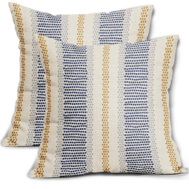 Aytipun Blue Yellow Pillow Covers 18x18 Set of 2 Gray Grey Dot Print Striped Decorative Throw Pillows Outdoor Boho Rustic Pillowcase Farmhouse Linen Cushion Case Decor for Home Sofa Couch Bed - Image 1