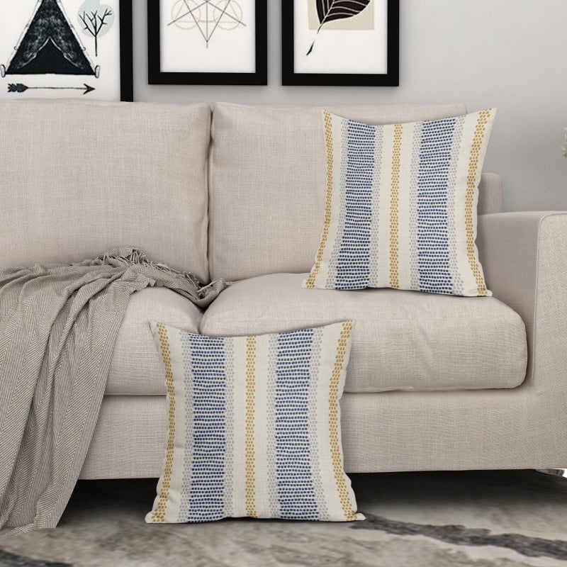 Aytipun Blue Yellow Pillow Covers 18x18 Set of 2 Gray Grey Dot Print Striped Decorative Throw Pillows Outdoor Boho Rustic Pillowcase Farmhouse Linen Cushion Case Decor for Home Sofa Couch Bed - Image 3