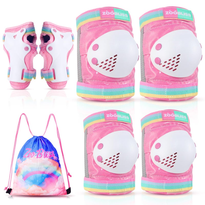 ZOOBLISS Knee Pads for Kids, ZOOBLISS Toddler Knee and Elbow Pads Set Wrist Guards for Skating Girls Aged 3-12, Kids Protective Gear for Roller Skates Skateboard Bike Scooter, Included Drawstring Bag (Pink) - Image 1