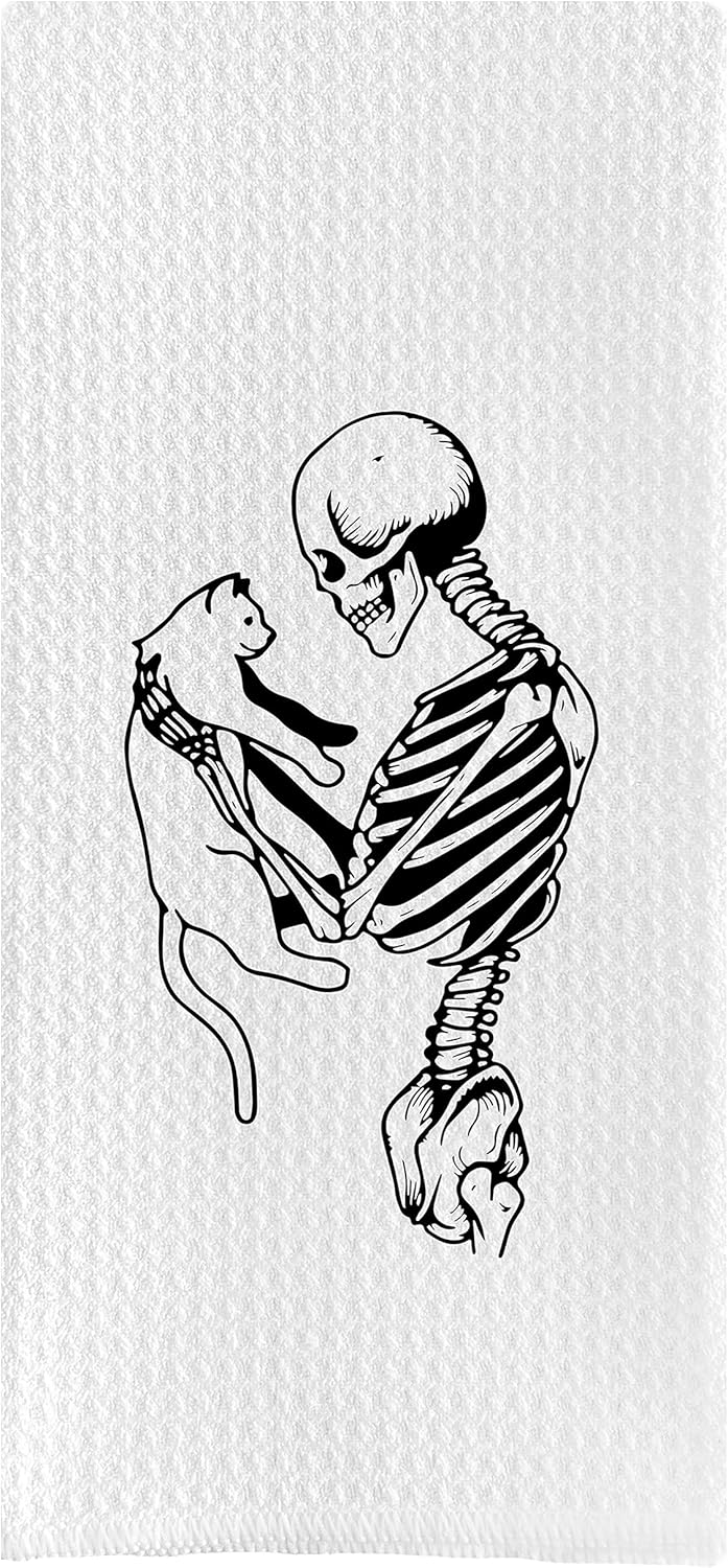 DOTAIN Halloween Skeleton and Cat Waffle Weave Kitchen Dish Towel Cloth Decor  Halloween Kitchen Towels 24x16inch - Image 1