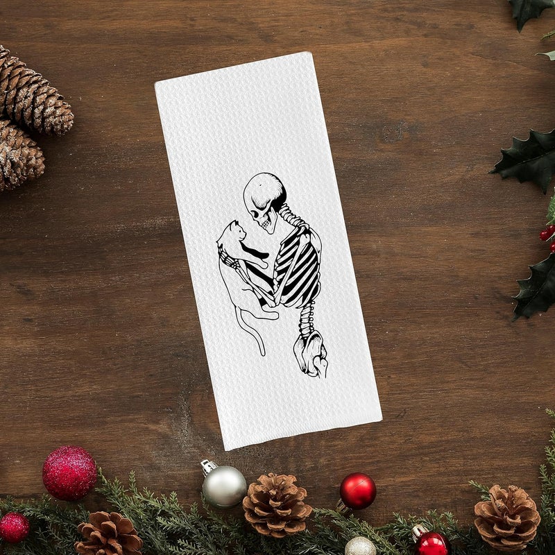 DOTAIN Halloween Skeleton and Cat Waffle Weave Kitchen Dish Towel Cloth Decor  Halloween Kitchen Towels 24x16inch - Image 2