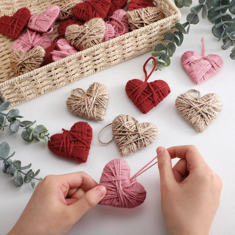 Vercraft 24 Pcs Heart Valentine Hanging Ornaments Knitted Heart Shaped Wall Baubles Valentine Gifts for Tree Craft Rustic Vintage Farmhouse Wedding Anniversary Decoration(Beige, Red, Pink) - Image 2