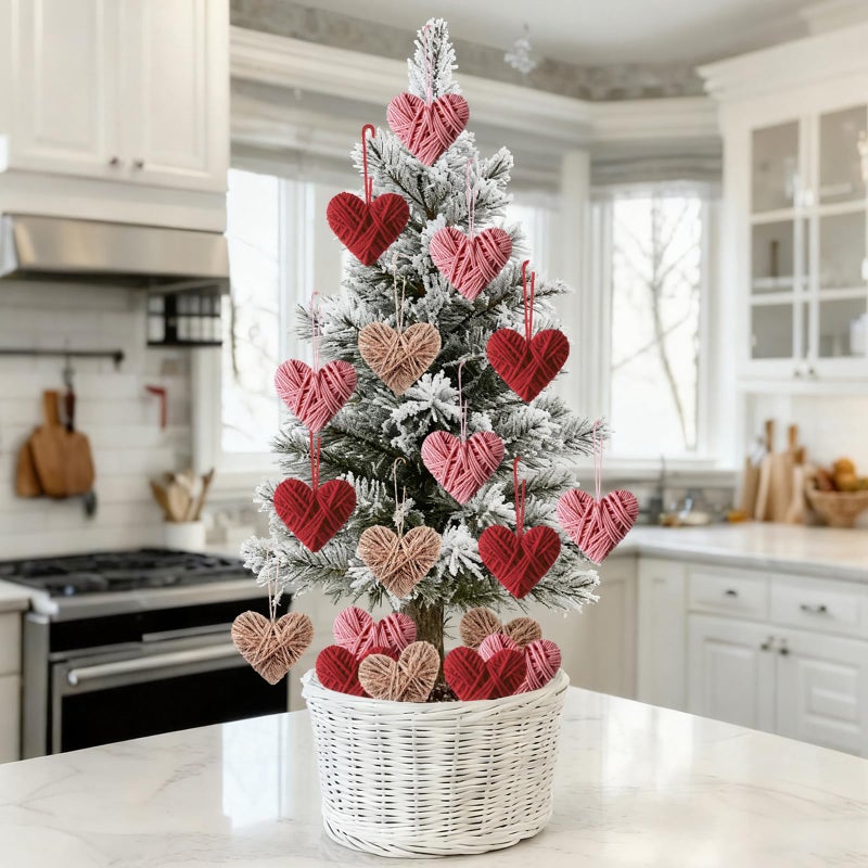Vercraft 24 Pcs Heart Valentine Hanging Ornaments Knitted Heart Shaped Wall Baubles Valentine Gifts for Tree Craft Rustic Vintage Farmhouse Wedding Anniversary Decoration(Beige, Red, Pink) - Image 4