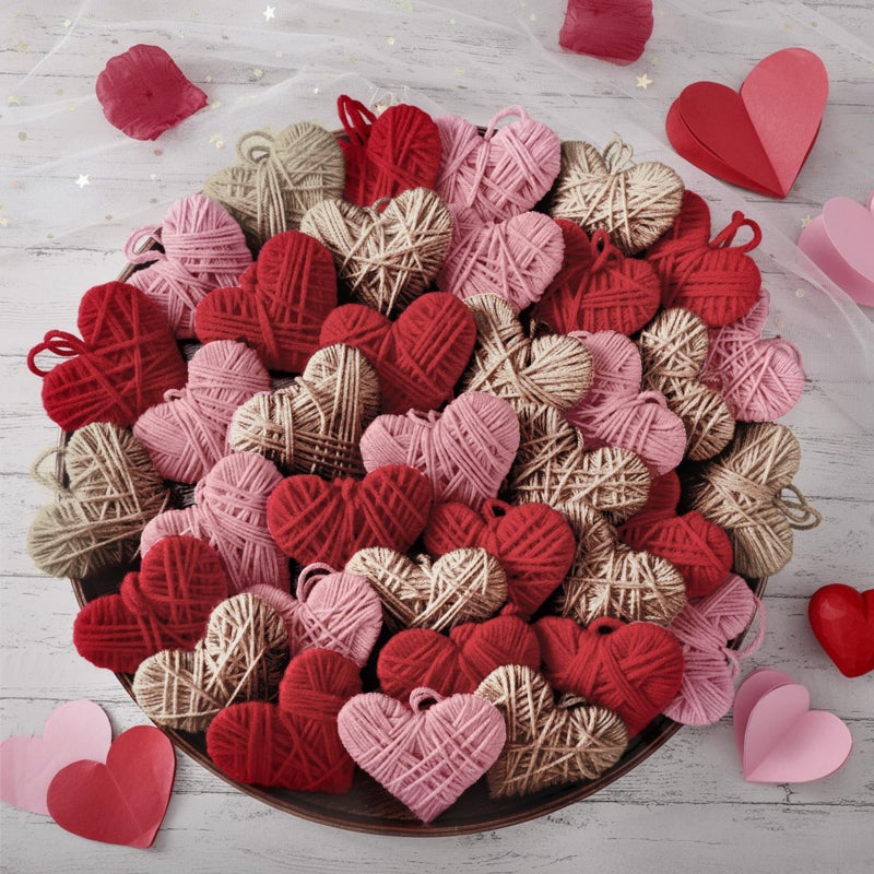Vercraft 24 Pcs Heart Valentine Hanging Ornaments Knitted Heart Shaped Wall Baubles Valentine Gifts for Tree Craft Rustic Vintage Farmhouse Wedding Anniversary Decoration(Beige, Red, Pink) - Image 1