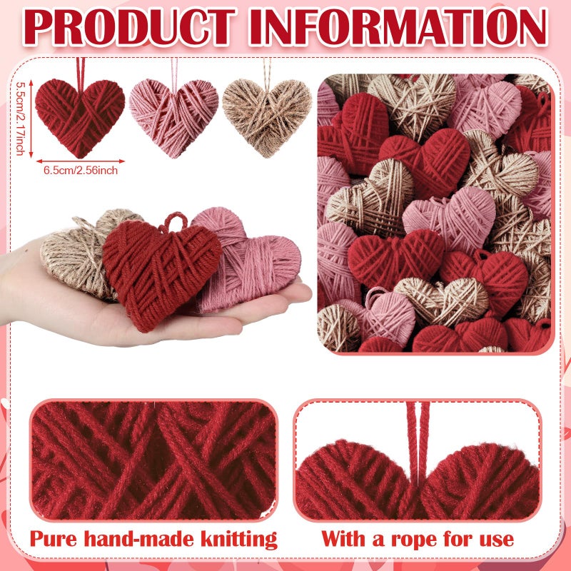 Vercraft 24 Pcs Heart Valentine Hanging Ornaments Knitted Heart Shaped Wall Baubles Valentine Gifts for Tree Craft Rustic Vintage Farmhouse Wedding Anniversary Decoration(Beige, Red, Pink) - Image 3