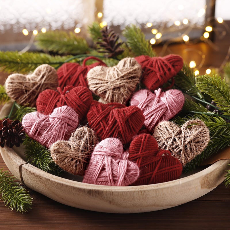 Vercraft 24 Pcs Heart Valentine Hanging Ornaments Knitted Heart Shaped Wall Baubles Valentine Gifts for Tree Craft Rustic Vintage Farmhouse Wedding Anniversary Decoration(Beige, Red, Pink) - Image 5