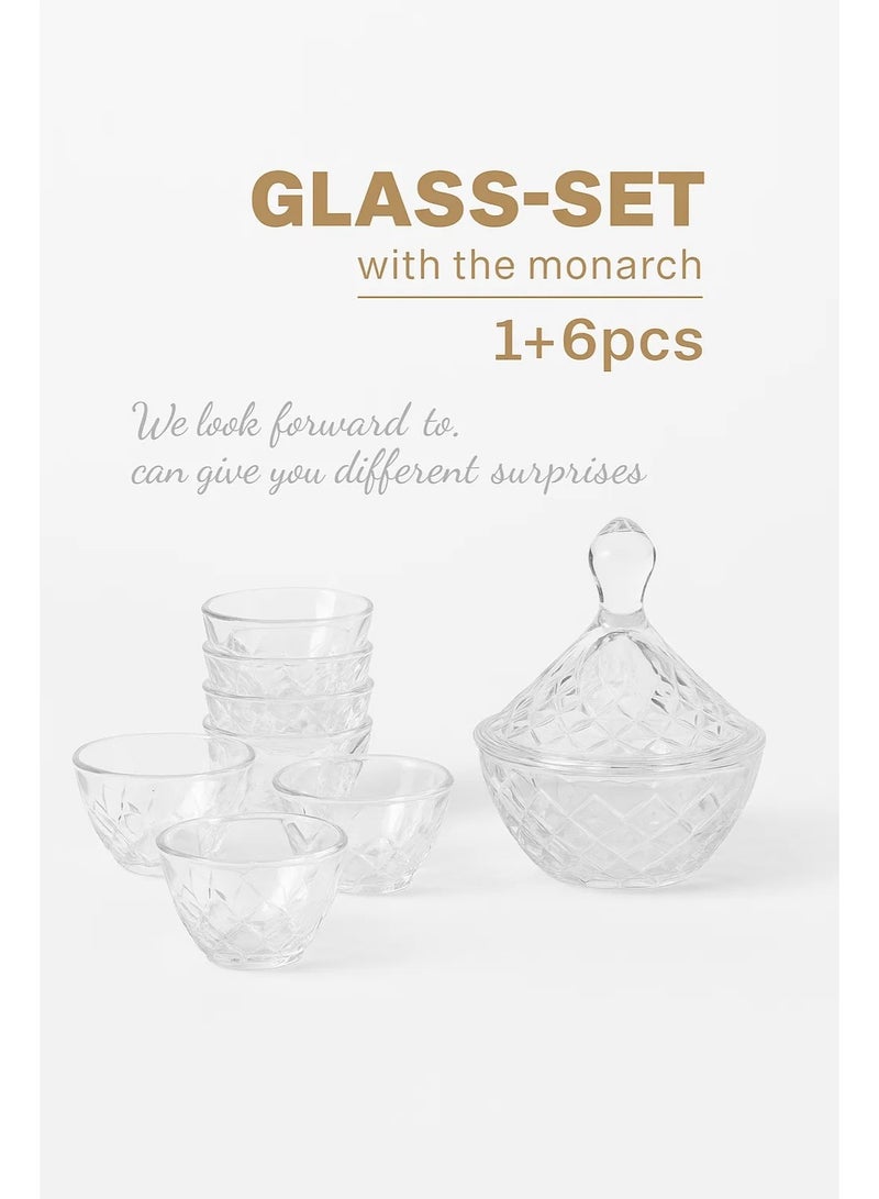 Glass Set with Crystal Bowl and Cups 7 Pieces | 90ml Capacity | Diamond Cut Design - Image 3