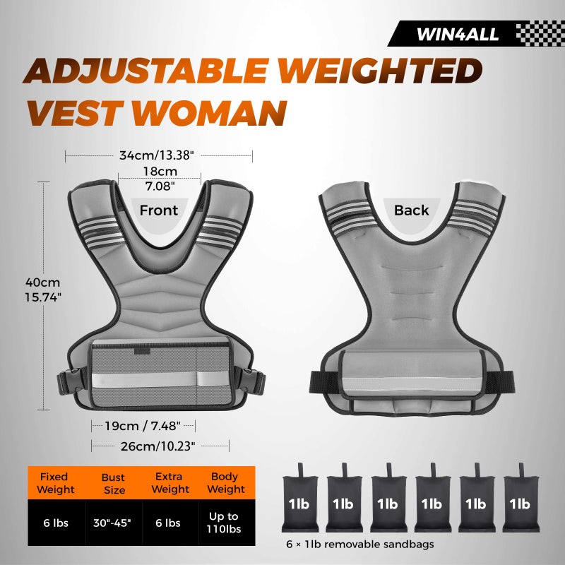 WIN4ALL Weighted Vest Woman Adjustable Weights For Walking, 6-12lb, Weighted Vest Woman with 6 Ironsand Weights, Weight Vest For Women/Men, Weight Vest For Walking, Strength Training, Running, Grey - Image 2