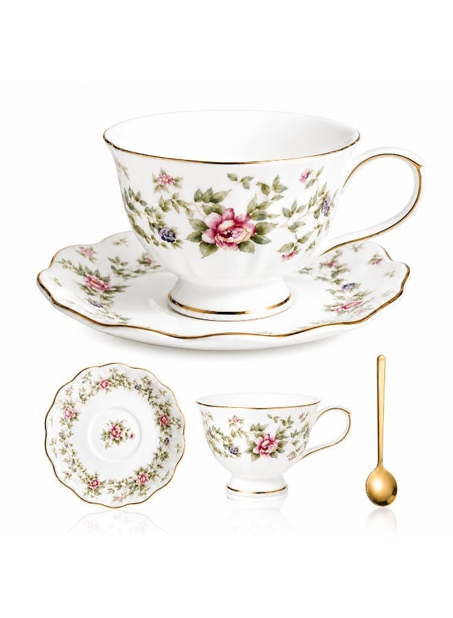 VINTAGE FLORAL CERAMIC COFFEE CUP AND SAUCER SET, 7.8 OZ PORCELAIN TEA CUP WITH GOLD SPOON, RETRO FLOWER SHAPED TEACUP FOR AFTERNOON TEA, HOME OFFICE