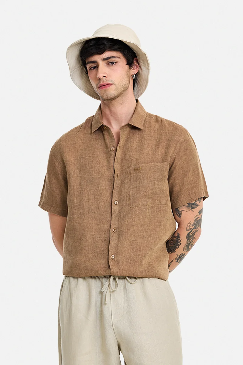 سنيتش Brown Solid Half Sleeve Regular Fit Shirt