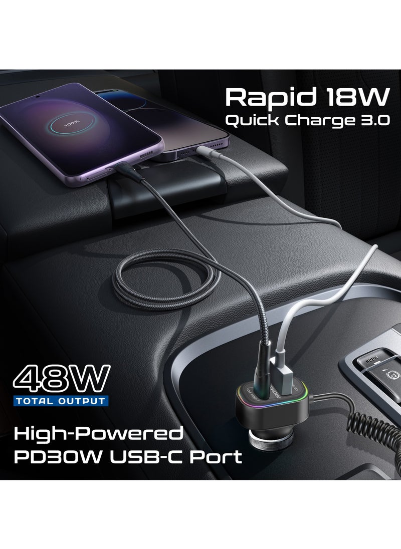 بروميت بروميت جهاز إرسال إف إم بلوتوث مع منفذ USB-C فائق الشحن PD30W، وتقنية QC3.0 بقدرة 18 واط، ومتوافق مع فتحة تهوية التيار المتردد ولوحة القيادة، ووحدة تحكم مدمجة بطول 1.5 متر، وإضاءة RGB، وميكروفون مدمج  - Image 2