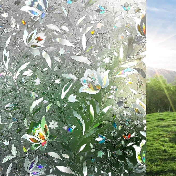 3D WINDOW FILM PRIVACY FILM FOR GLASS WINDOWS NO GLUE SELFADHESIVE RAINBOW GLASS COVERING FROSTED OPAQUE DECORATIVE STICKERS HEAT CONTROL STATIC CLING FOR KITCHEN ROOM TULIP 445X200 CM