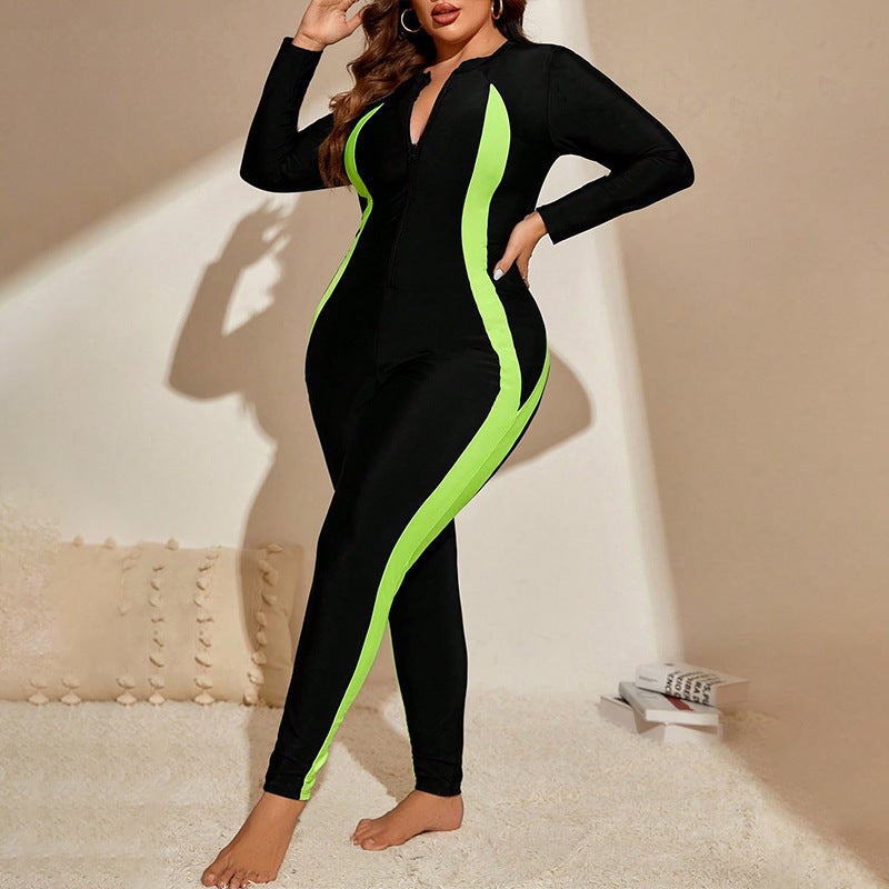 Color Block Long Sleeve Sun Protection Diving Surf Swimsuit Women'S Conservative Beach Bikini Plus Size Swimsuit - Image 5