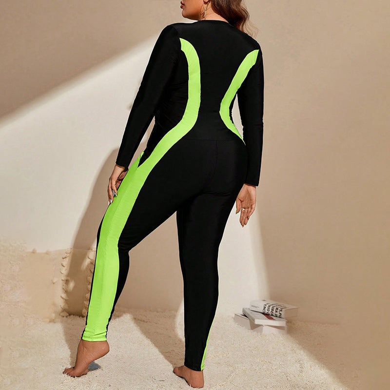 Color Block Long Sleeve Sun Protection Diving Surf Swimsuit Women'S Conservative Beach Bikini Plus Size Swimsuit - Image 3