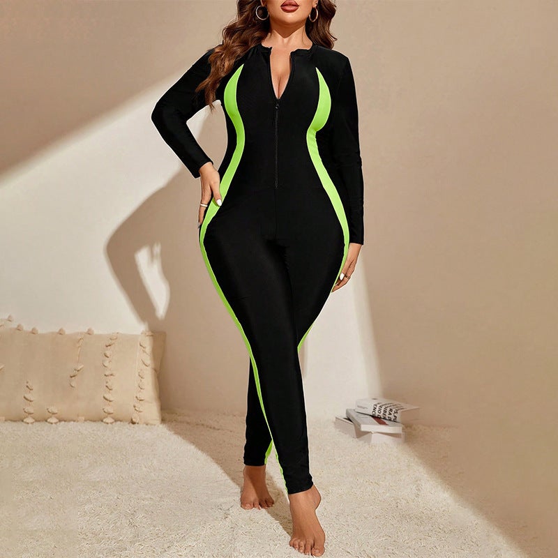 Color Block Long Sleeve Sun Protection Diving Surf Swimsuit Women'S Conservative Beach Bikini Plus Size Swimsuit - Image 2