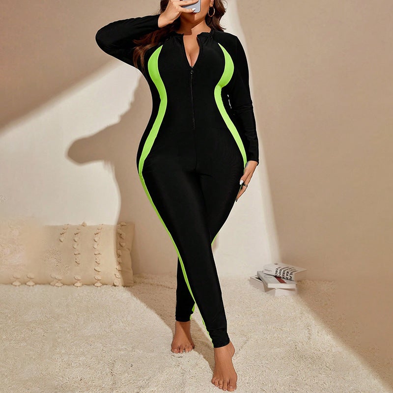 Color Block Long Sleeve Sun Protection Diving Surf Swimsuit Women'S Conservative Beach Bikini Plus Size Swimsuit - Image 4