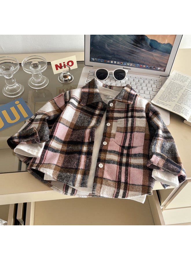 Children's Shirt Long-sleeved Autumn Plaid Shirt Boy's Retro Color Matching New Cardigan Lapel Top Girl's Jacket