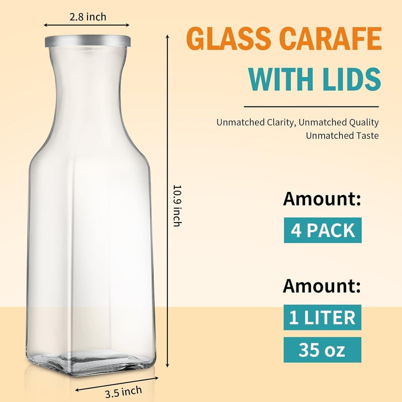 SIPOMU Glass Carafe with Lid, 4Pcs Square Glass Carafe Juice Containers 1 Liter Clear Glass Pitcher Drink Dispensers for Beverage Cold Water Juice Milk Iced Tea Wine Dishwasher Safe - Image 2
