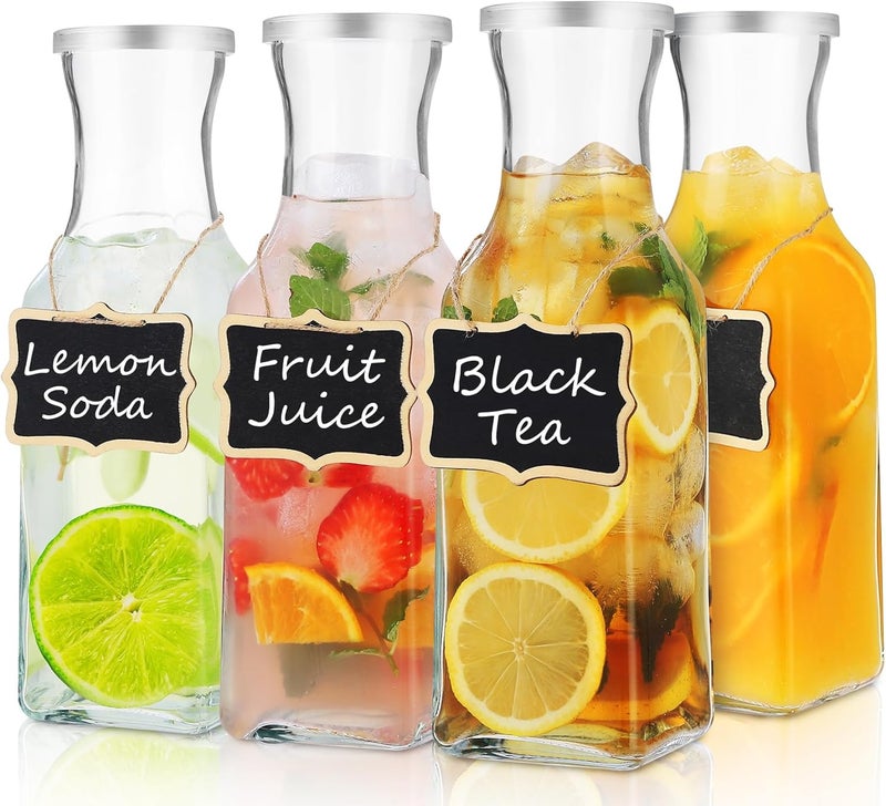 SIPOMU Glass Carafe with Lid, 4Pcs Square Glass Carafe Juice Containers 1 Liter Clear Glass Pitcher Drink Dispensers for Beverage Cold Water Juice Milk Iced Tea Wine Dishwasher Safe - Image 1