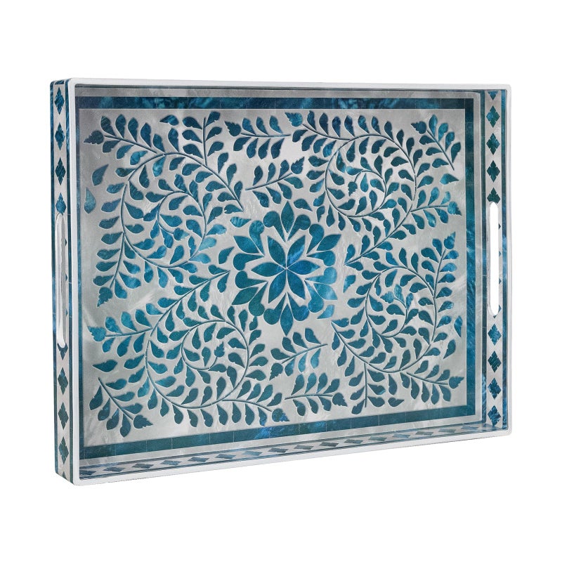 MAONAME Rectangular Decorative Tray Plastic Serving Tray with Handles Modern Blue Trays for Ottoman Coffee Table Trays for Living Room Home Decor 157 x 118 x 16