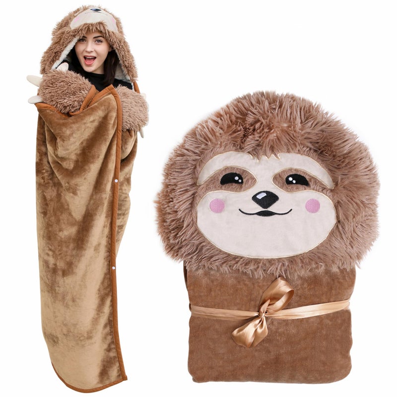Sloth Wearable Hooded Blanket  Warm and Cozy Oversized Blanket Hoodie with Sloth Claws Hand Gloves Premium Sherpa and Soft Flannel Fleece Hoodie Blanket  Sloth Gifts for Women Adults and Kids