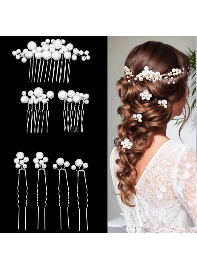 Soofam 7 pieces of Silver Wedding Bridal Pearl Hair Pins Clips Headpiece Jewelry. Hair ornaments for Bridesmaids, Brides, and Flower Girls. Pearl Style Jewelry. - Image 1