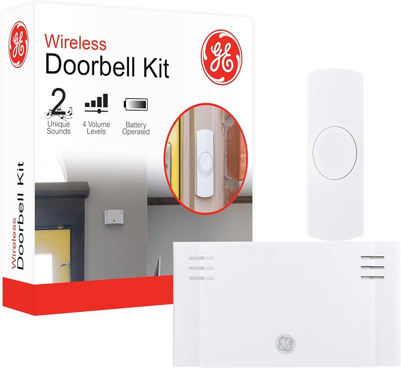 GE Wireless Doorbell Kit,Battery-Operated Receiver,1 Push Button door bell,2 Melodies,4 Volume Levels doorbell chime,classroom doorbell,150 Ft Range,Mountable,White,19247 - Image 1