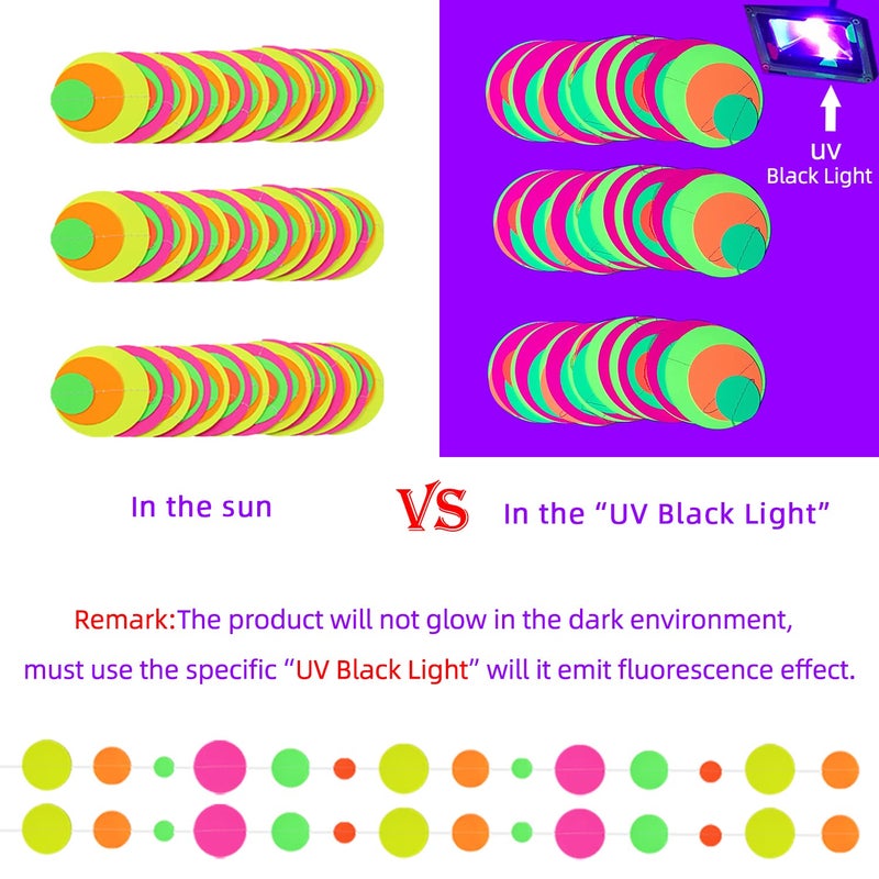 WELITTCON 110feet UV Round Dot Paper Neon Garland Streamers Black Light Neon Decorations for Dark Glow Party UV Reactive Glow in The Dark Party Supplies Wedding Birthday Banner Decoration - Image 3