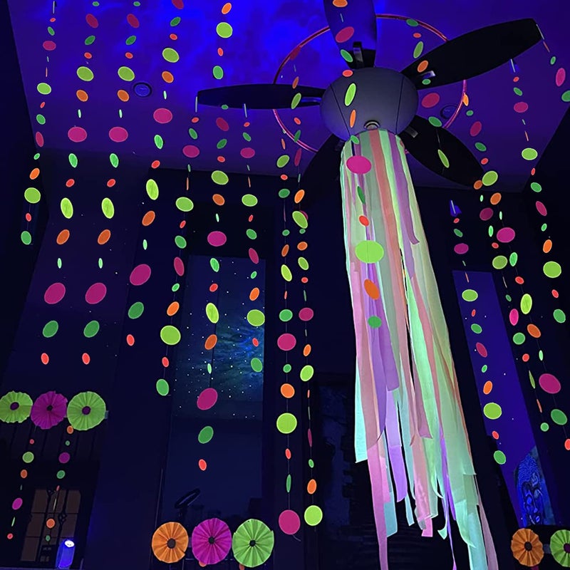 WELITTCON 110feet UV Round Dot Paper Neon Garland Streamers Black Light Neon Decorations for Dark Glow Party UV Reactive Glow in The Dark Party Supplies Wedding Birthday Banner Decoration - Image 4